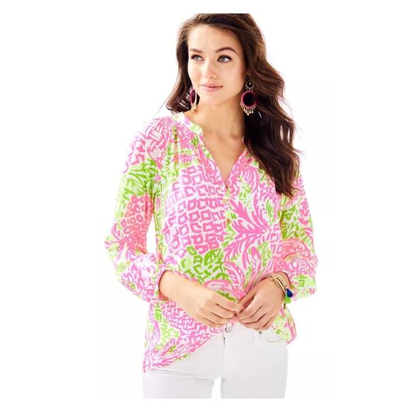 Lilly Pulitzer Pink&Green Silk Elsa Top Home Slice Pink Pineapple Sz.S - Picture 3 of 15